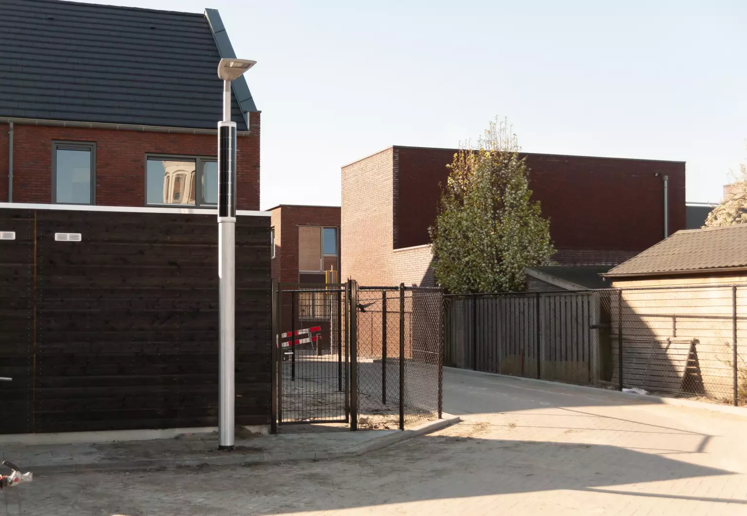 Solar-powered parking lot lighting in neighbourhood