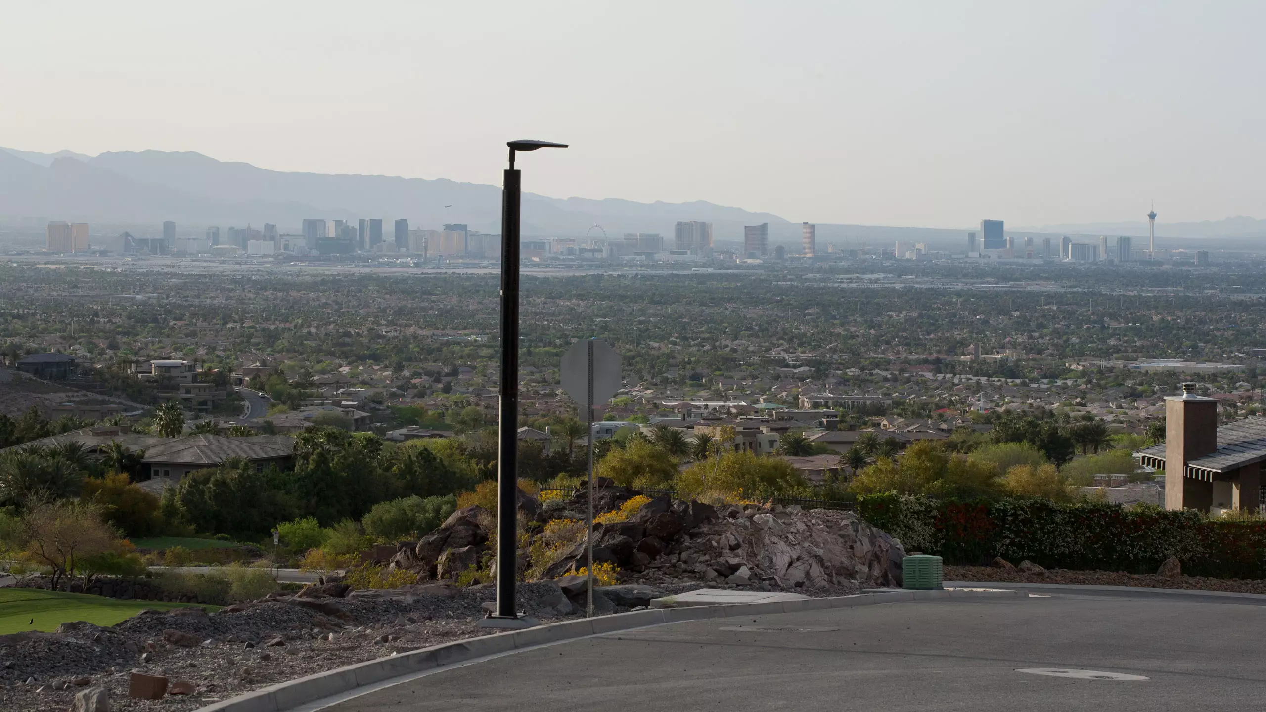 Soluxio solar pathway lighting with view on skyline Las Vegas Strip